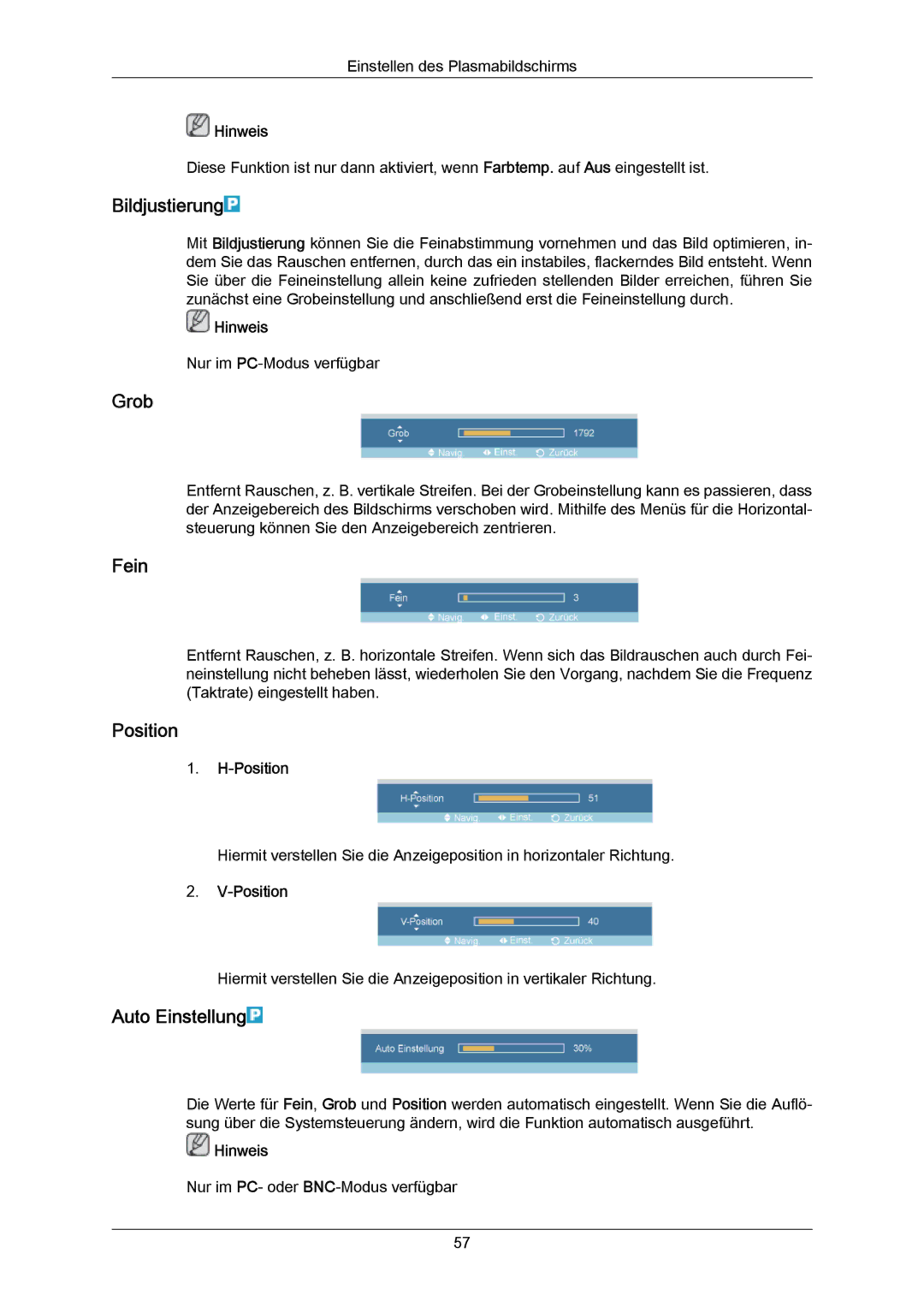 Samsung PH64KRPMBF/EN, PH64KRRMBF/EN manual Bildjustierung, Grob, Fein, Position, Auto Einstellung 