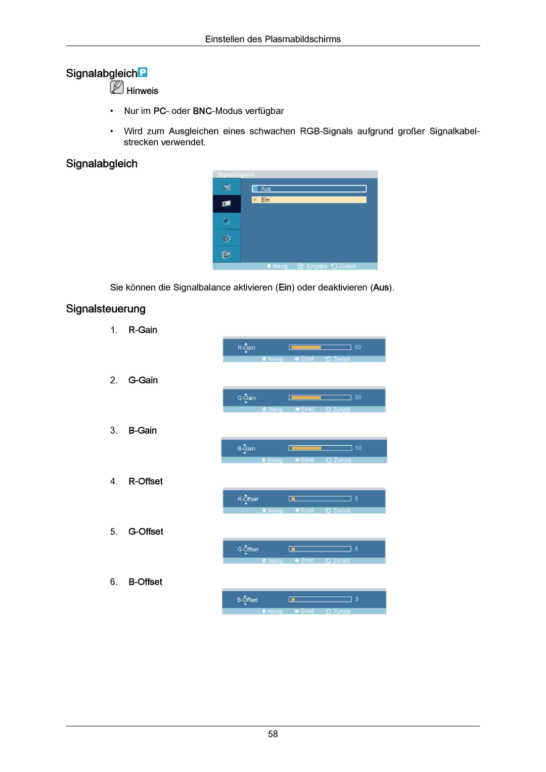 Samsung PH64KRRMBF/EN, PH64KRPMBF/EN manual Signalabgleich, Signalsteuerung, Gain Offset 