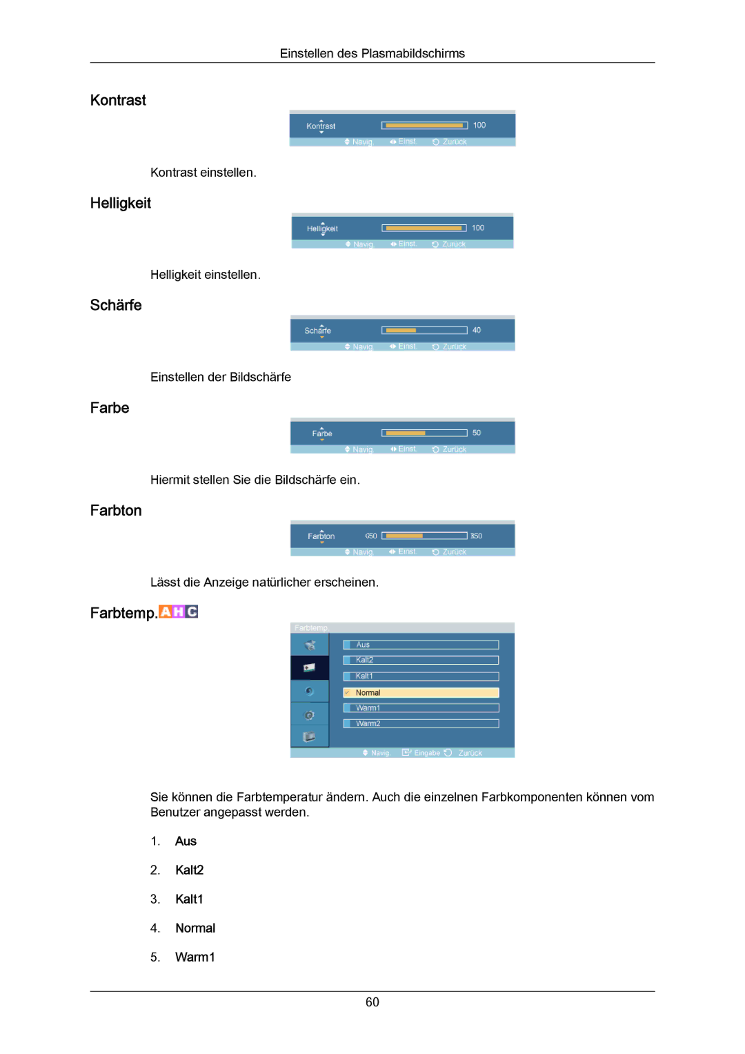 Samsung PH64KRRMBF/EN, PH64KRPMBF/EN manual Farbe, Farbton, Aus Kalt2 Kalt1 Normal Warm1 