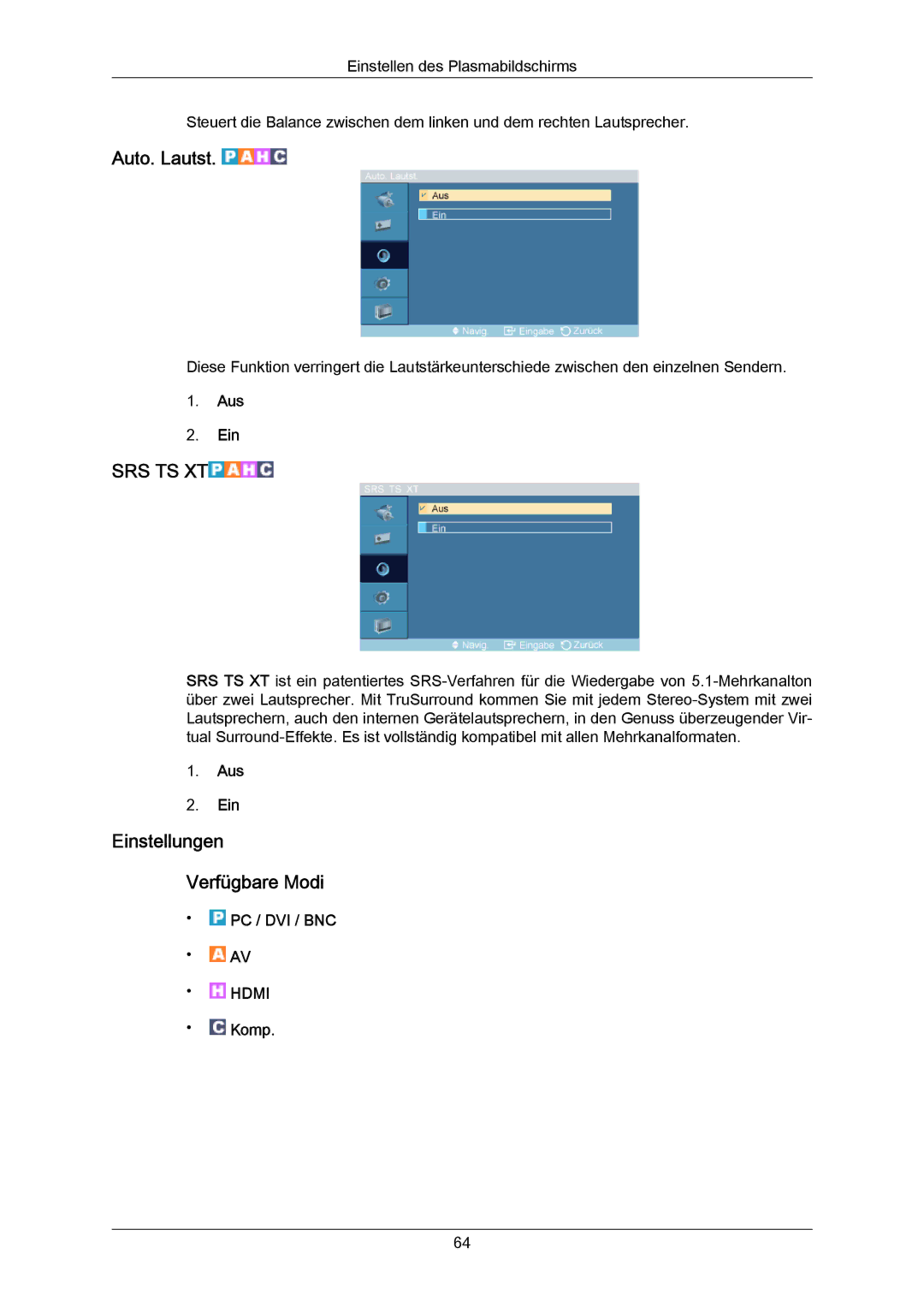 Samsung PH64KRRMBF/EN, PH64KRPMBF/EN manual Auto. Lautst, Einstellungen Verfügbare Modi 