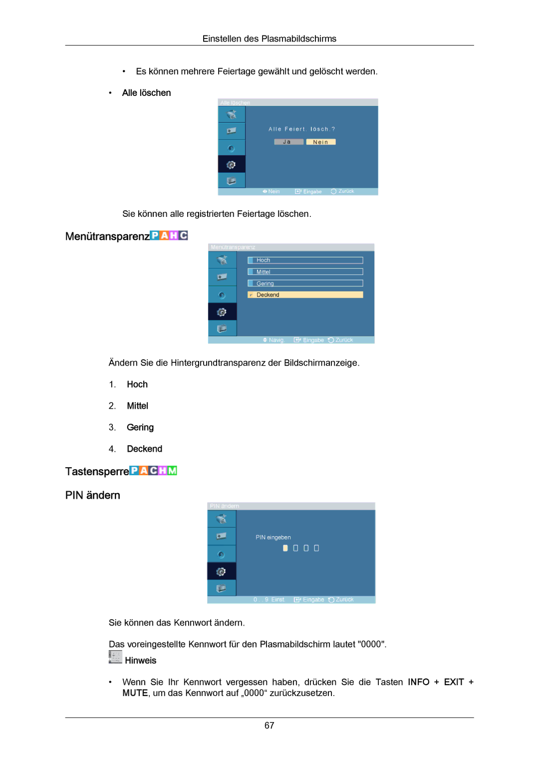Samsung PH64KRPMBF/EN, PH64KRRMBF/EN Menütransparenz, Tastensperre PIN ändern, Alle löschen, Hoch Mittel Gering Deckend 