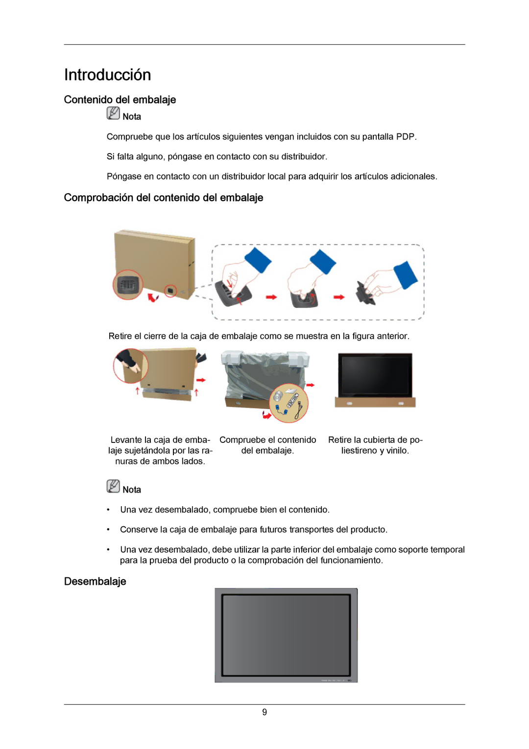 Samsung PH64KRRMBF/EN, PH64KRPMBF/EN manual Contenido del embalaje, Comprobación del contenido del embalaje, Desembalaje 