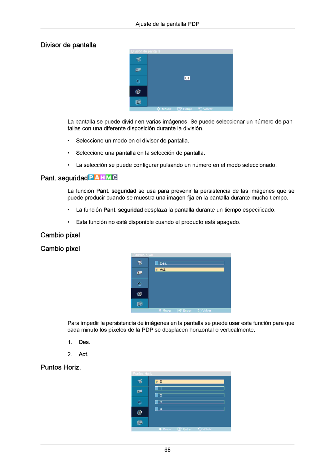 Samsung PH64KRPMBF/EN, PH64KRRMBF/EN manual Divisor de pantalla, Pant. seguridad, Cambio píxel, Puntos Horiz 