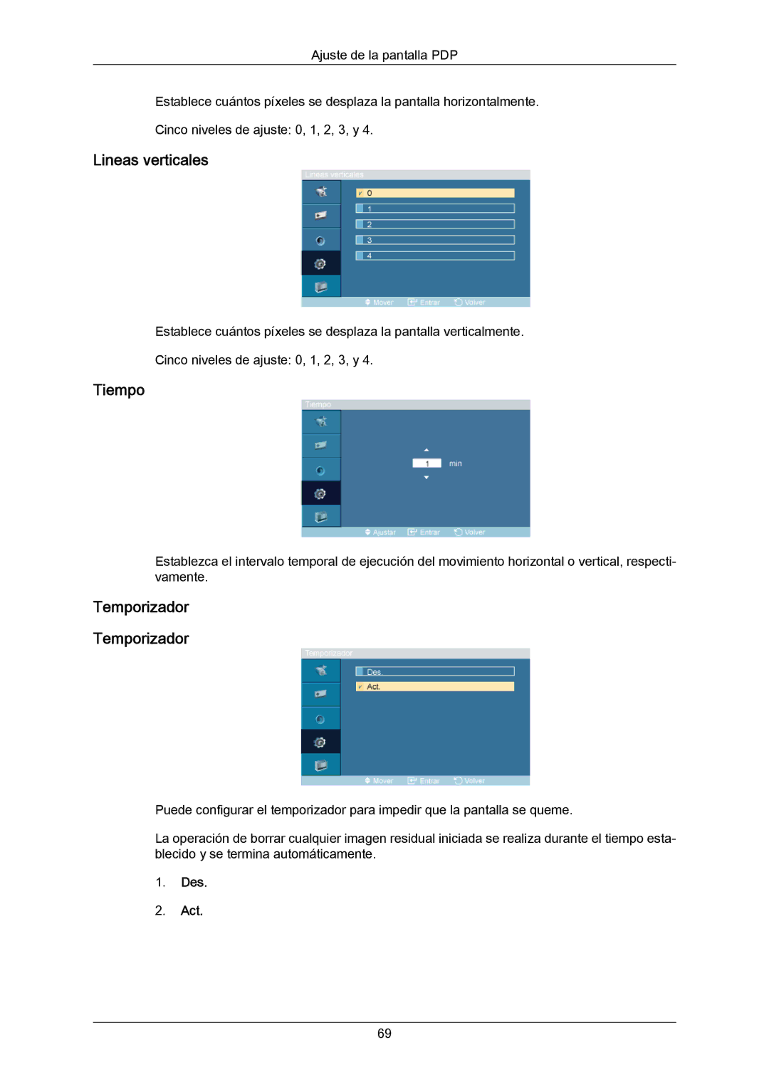 Samsung PH64KRRMBF/EN, PH64KRPMBF/EN manual Lineas verticales, Tiempo, Temporizador 