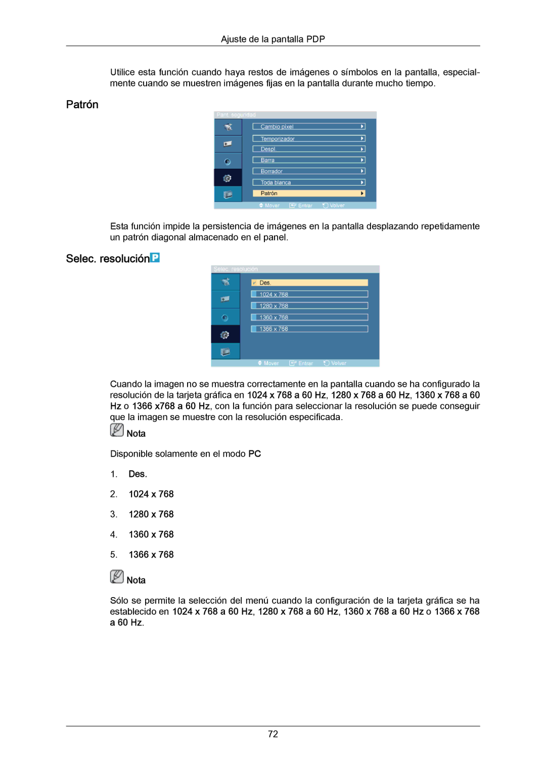 Samsung PH64KRPMBF/EN, PH64KRRMBF/EN manual Patrón, Selec. resolución, Des 1024 x 1280 x 1360 x 1366 x Nota 