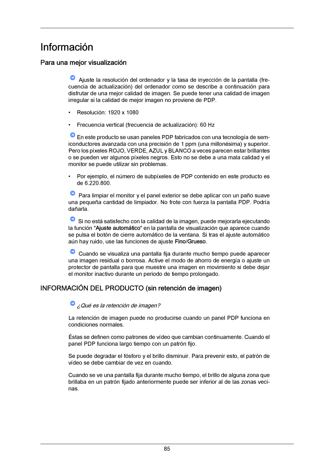 Samsung PH64KRRMBF/EN, PH64KRPMBF/EN manual Para una mejor visualización, Información DEL Producto sin retención de imagen 