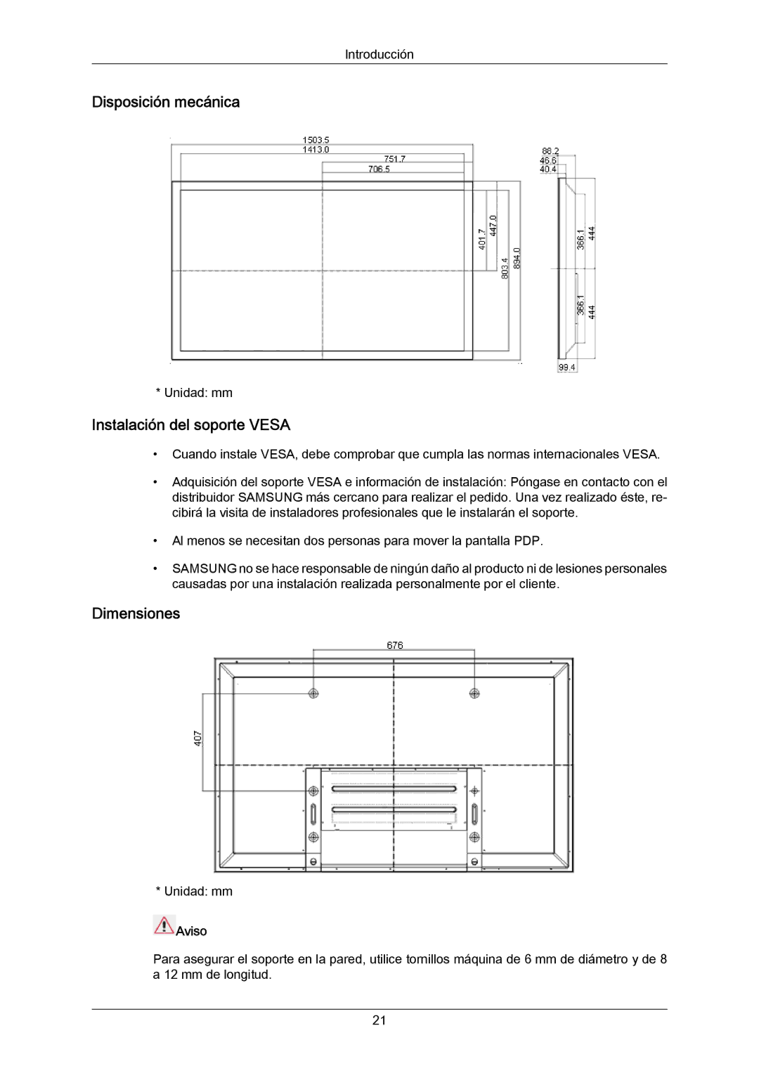 Samsung PH64KRRMBF/EN, PH64KRPMBF/EN manual Disposición mecánica, Instalación del soporte Vesa, Dimensiones, Aviso 