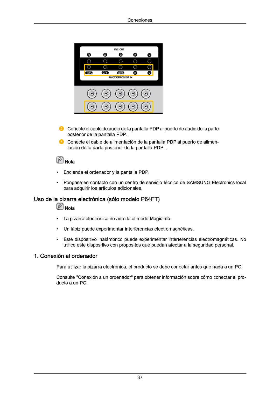 Samsung PH64KRRMBF/EN, PH64KRPMBF/EN manual Uso de la pizarra electrónica sólo modelo P64FT, Conexión al ordenador 