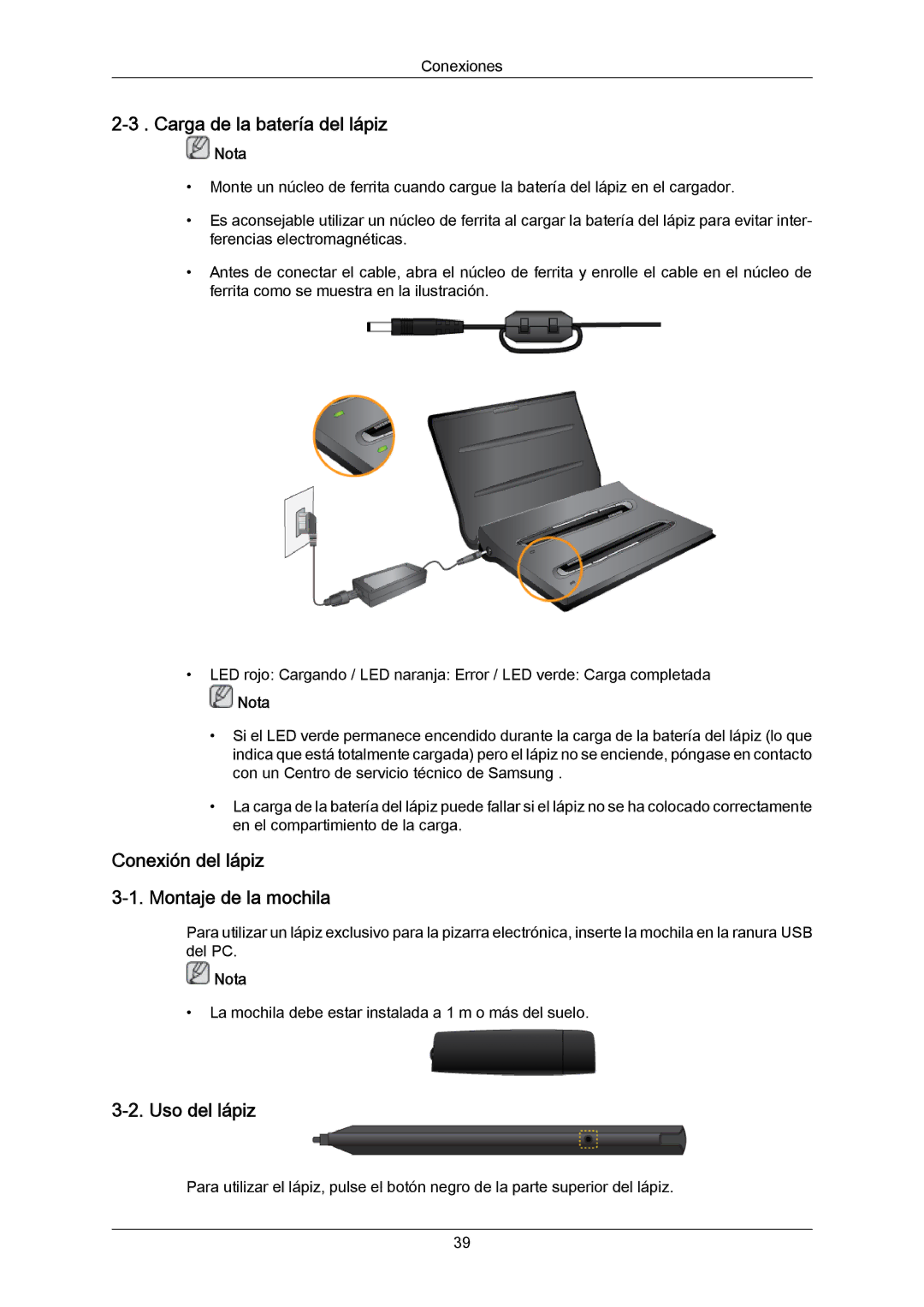 Samsung PH64KRRMBF/EN manual Carga de la batería del lápiz, Conexión del lápiz Montaje de la mochila, Uso del lápiz 