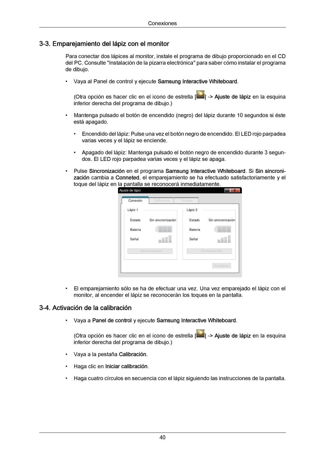 Samsung PH64KRPMBF/EN, PH64KRRMBF/EN manual Emparejamiento del lápiz con el monitor, Activación de la calibración 