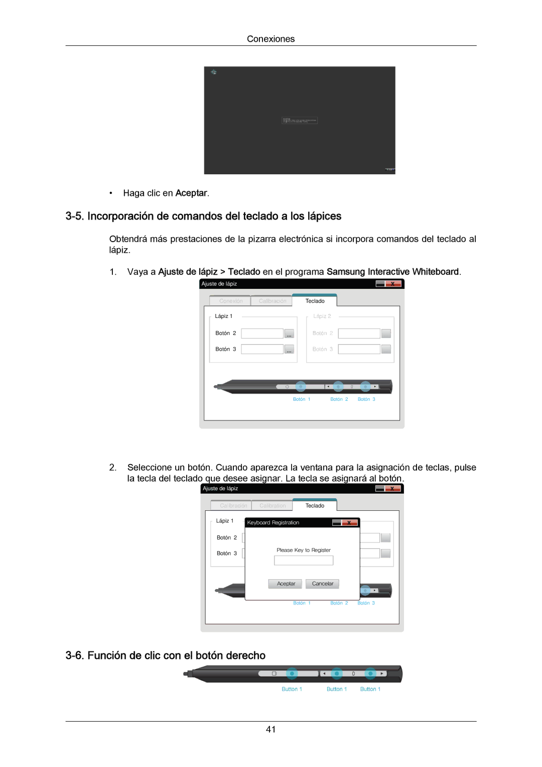 Samsung PH64KRRMBF/EN manual Incorporación de comandos del teclado a los lápices, Función de clic con el botón derecho 