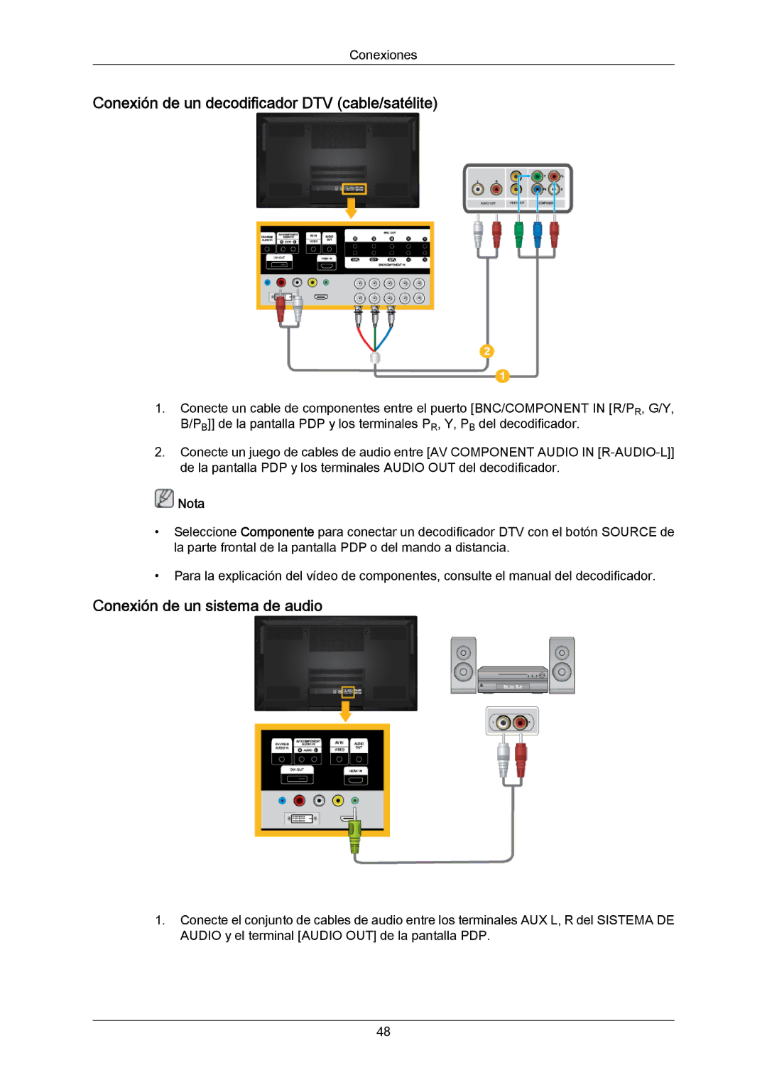 Samsung PH64KRPMBF/EN, PH64KRRMBF/EN manual Conexión de un decodificador DTV cable/satélite, Conexión de un sistema de audio 