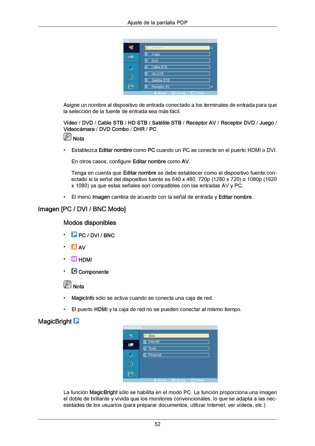 Samsung PH64KRPMBF/EN, PH64KRRMBF/EN manual Imagen PC / DVI / BNC Modo Modos disponibles, MagicBright, Componente Nota 