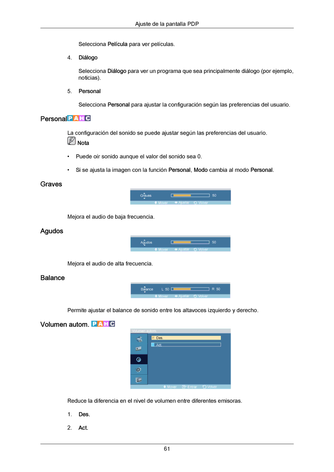 Samsung PH64KRRMBF/EN, PH64KRPMBF/EN manual Graves, Agudos, Balance, Volumen autom, Diálogo 