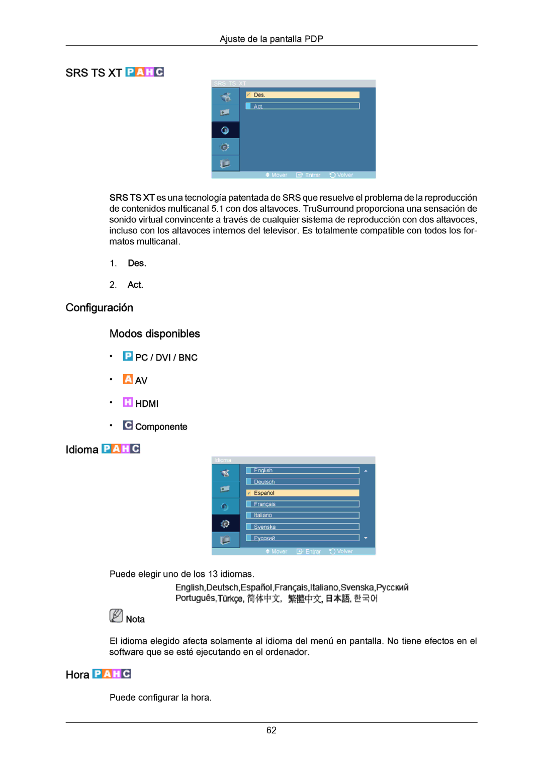 Samsung PH64KRPMBF/EN, PH64KRRMBF/EN manual Configuración Modos disponibles, Idioma, Hora 