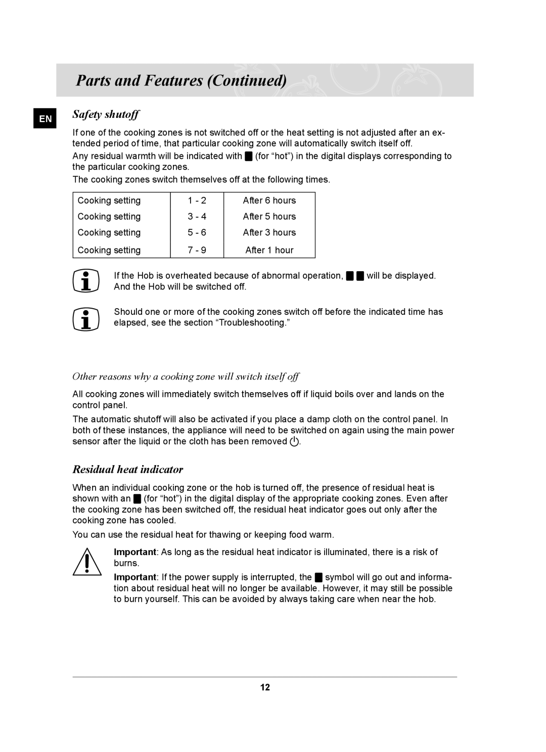 Samsung PKG001/BOL manual Safety shutoff, Residual heat indicator, Other reasons why a cooking zone will switch itself off 