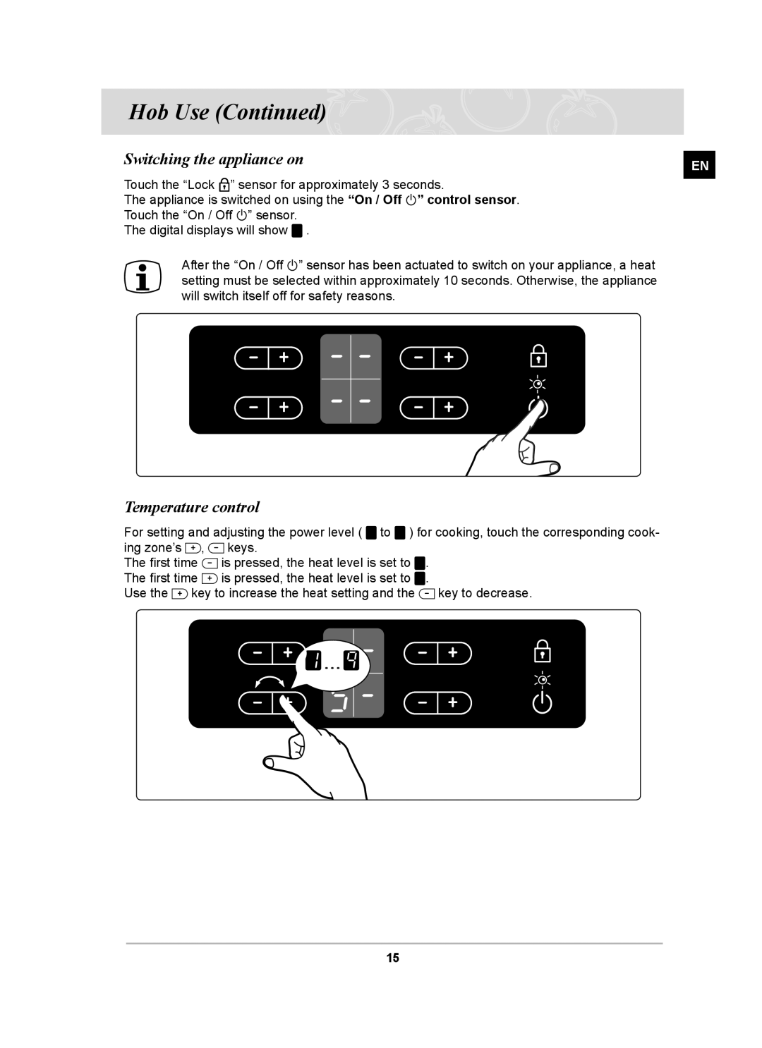 Samsung PKG001/BOL manual Switching the appliance on, Temperature control 