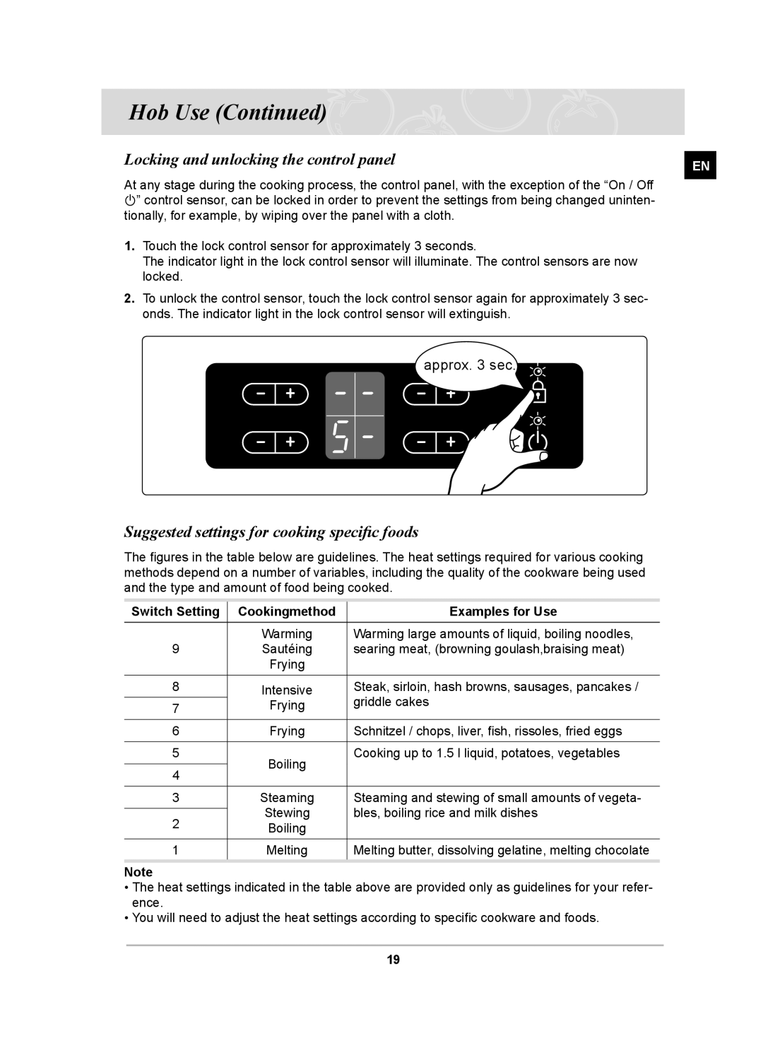 Samsung PKG001/BOL manual Locking and unlocking the control panel, Suggested settings for cooking speciﬁc foods 