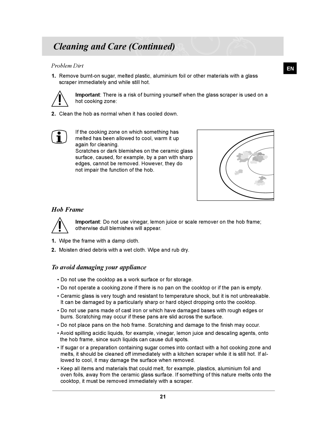 Samsung PKG001/BOL manual Hob Frame, To avoid damaging your appliance 