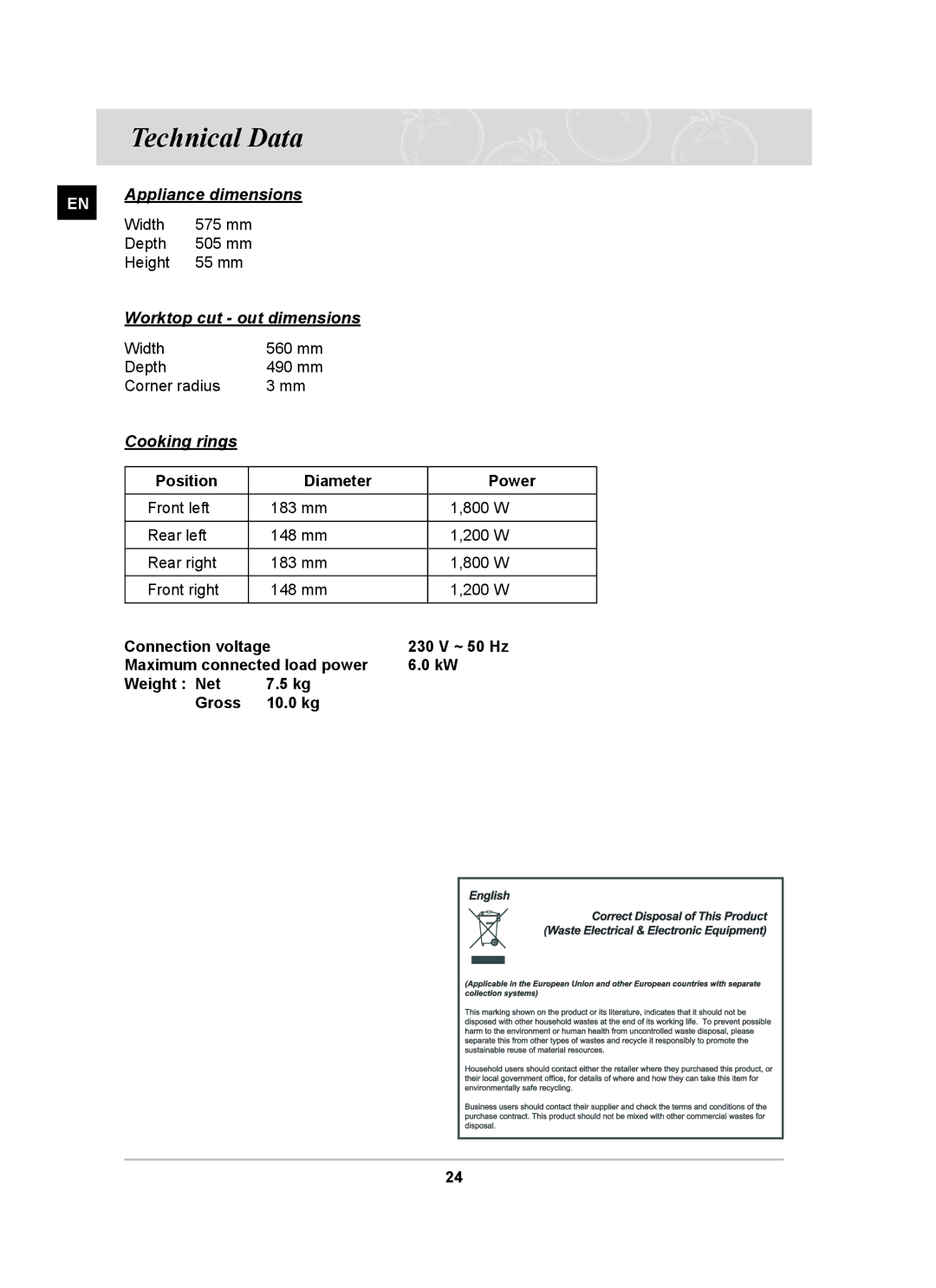 Samsung PKG001/BOL manual Technical Data, Cooking rings 