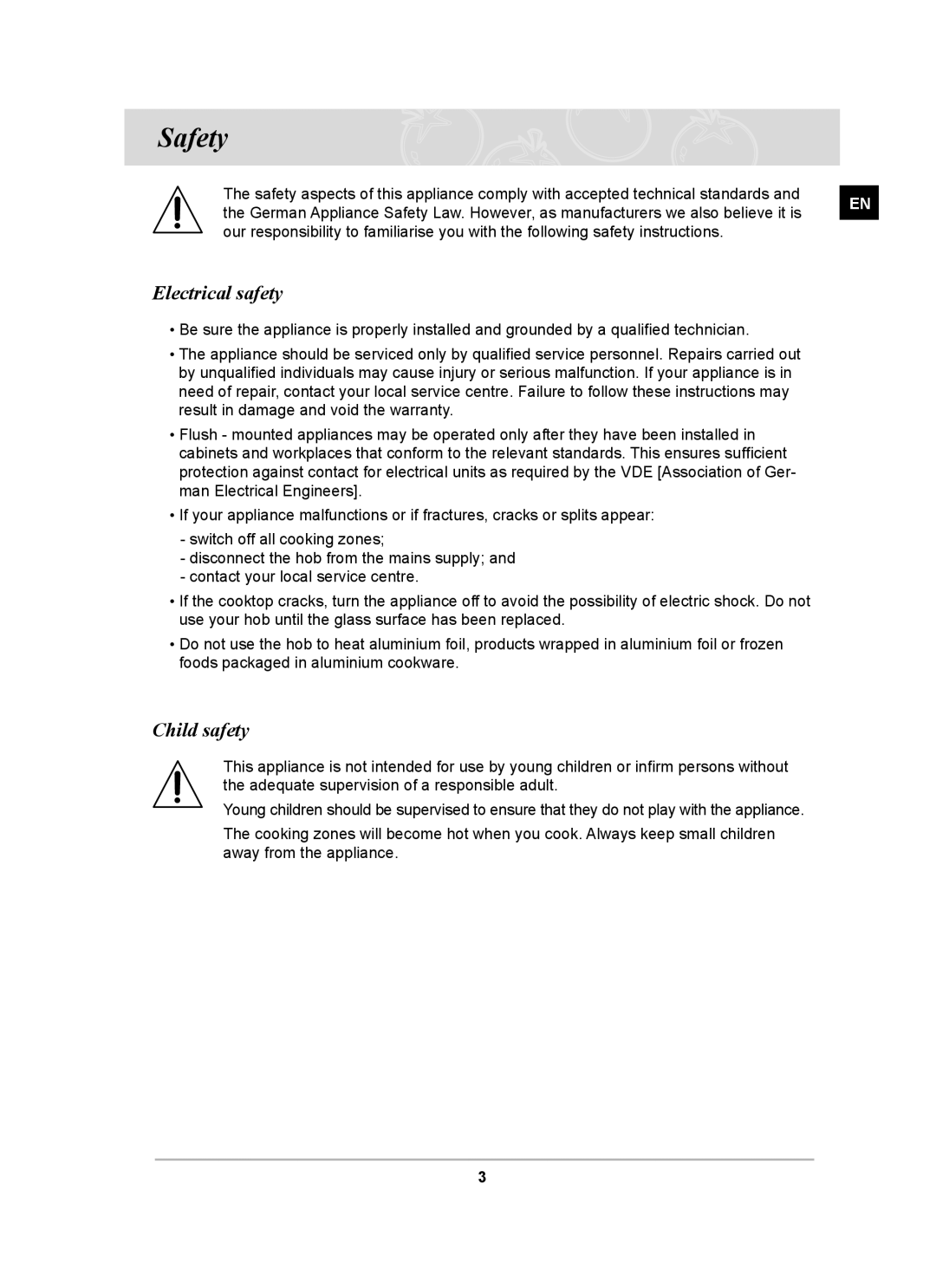 Samsung PKG001/BOL manual Safety, Electrical safety, Child safety 