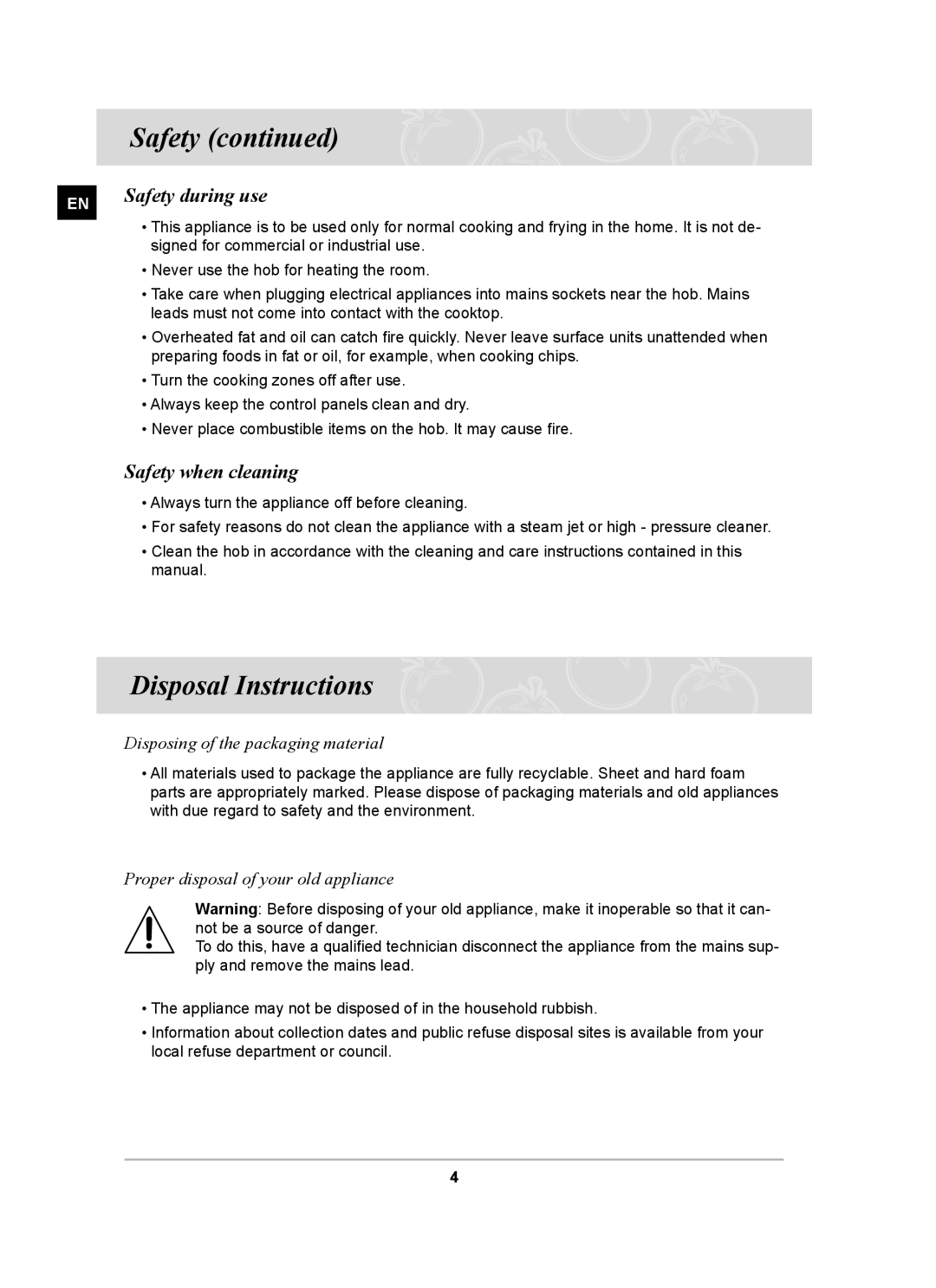 Samsung PKG001/BOL Disposal Instructions, Safety during use, Safety when cleaning, Disposing of the packaging material 