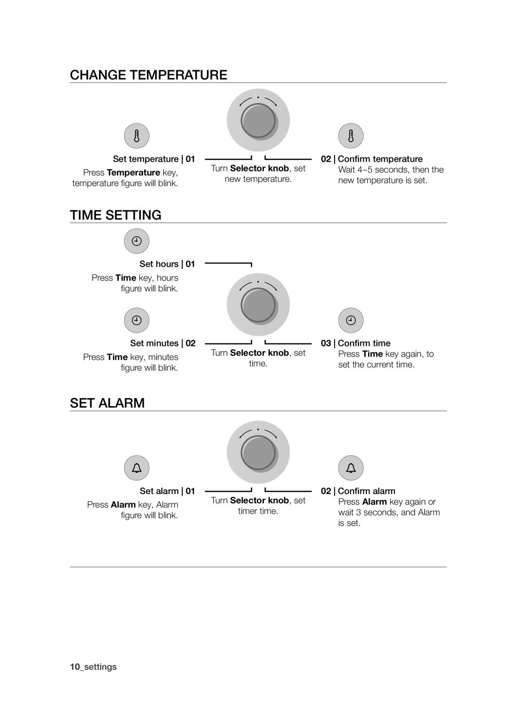 Samsung PKG003/XEH manual Change temperature, Time setting, Set alarm, Press Temperature key 