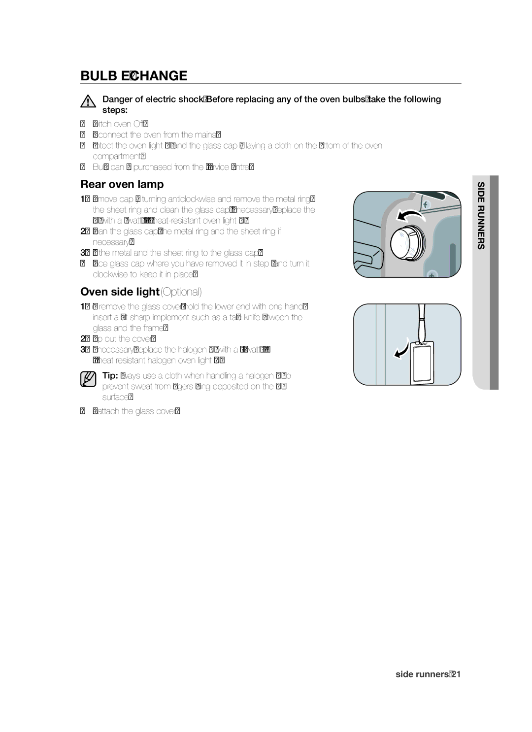 Samsung PKG003/XEH manual Bulb exchange, Rear oven lamp, Oven side light Optional 