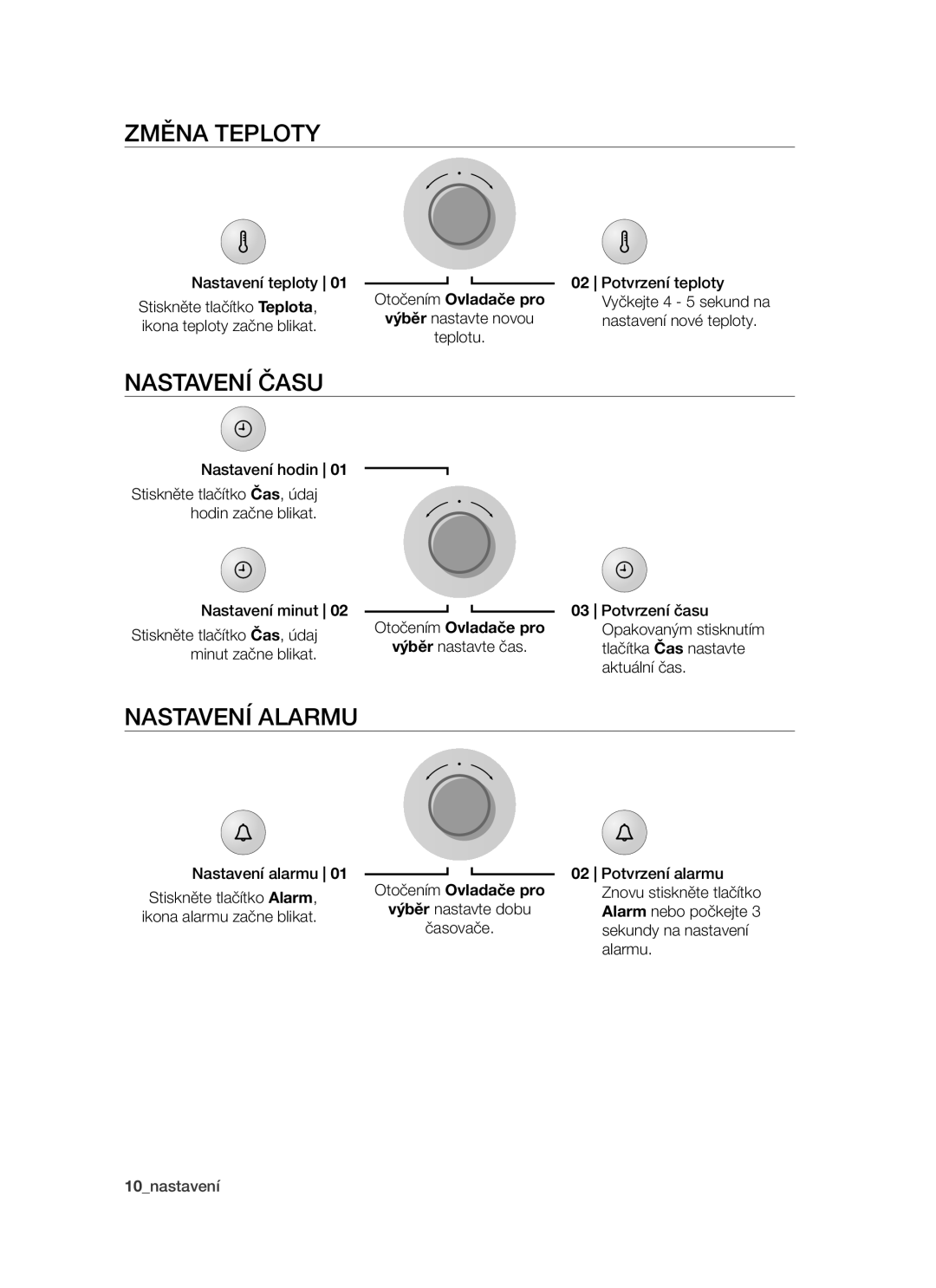 Samsung PKG003/XEH manual Změna teploty, Nastavení času, Nastavení alarmu 