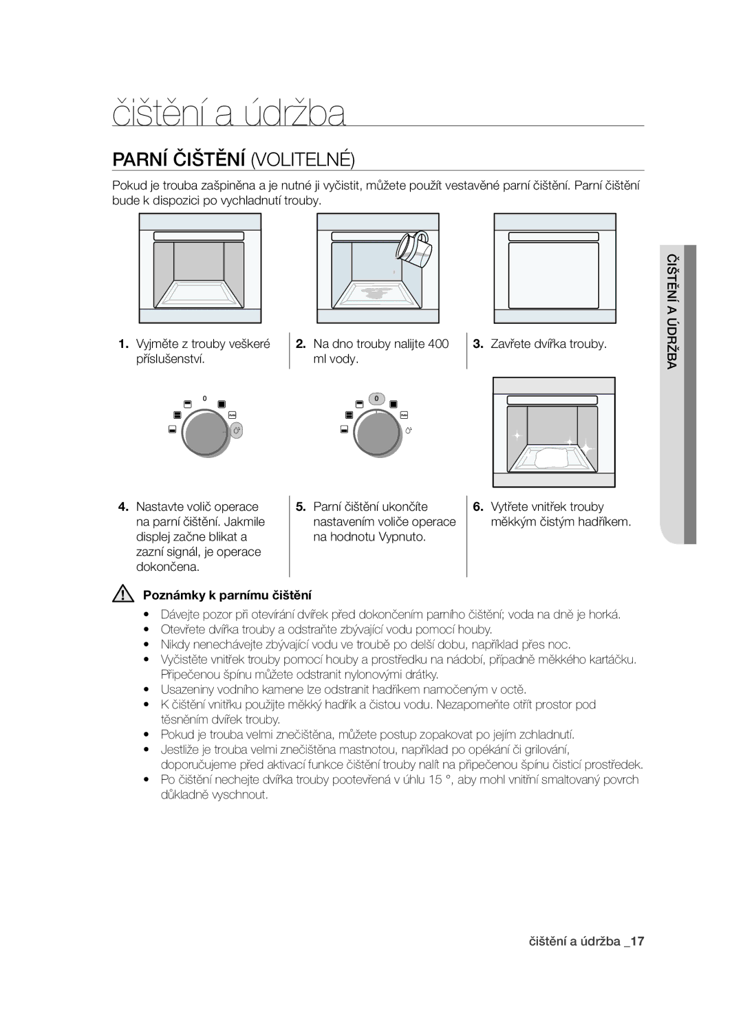 Samsung PKG003/XEH manual Čištění a údržba, Parní čištění volitelné, Poznámky k parnímu čištění 