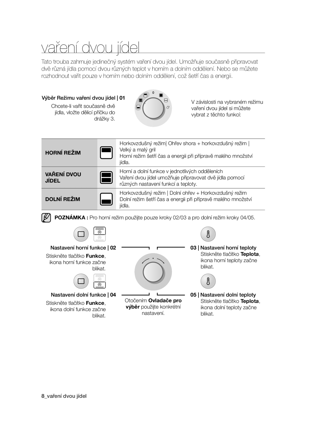 Samsung PKG003/XEH manual Vaření dvou jídel, Vaření Dvou, Horní a dolní funkce v jednotlivých odděleních, Jídel 