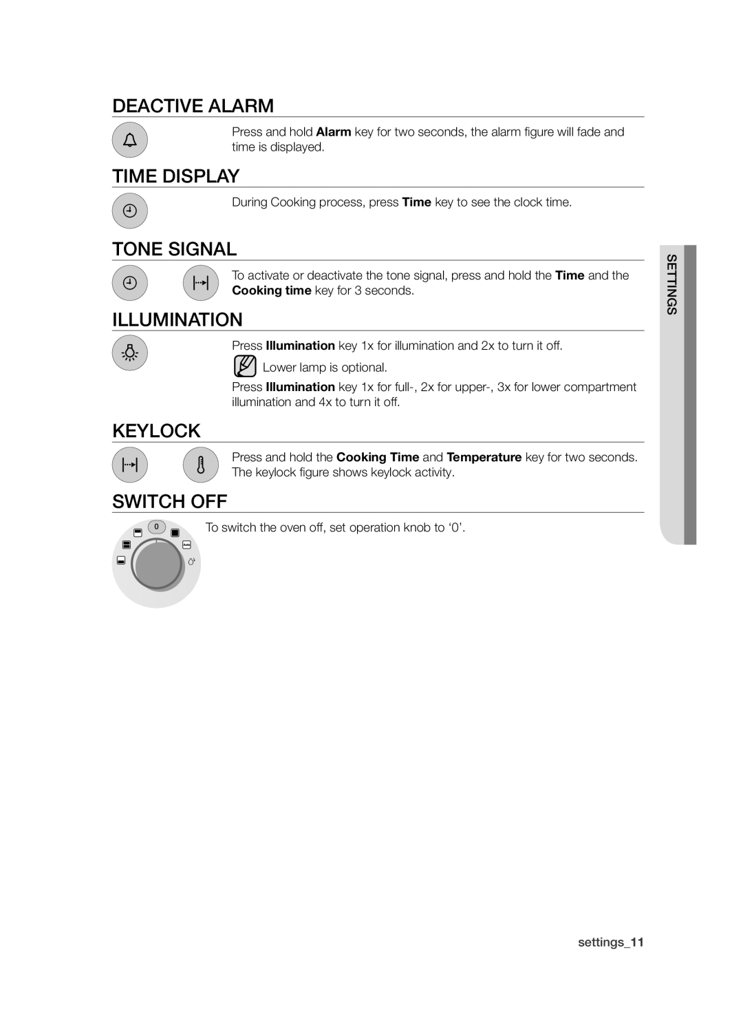 Samsung PKG003/XEH manual Deactive alarm, Time display, Tone signal, Illumination, Keylock, Switch off 