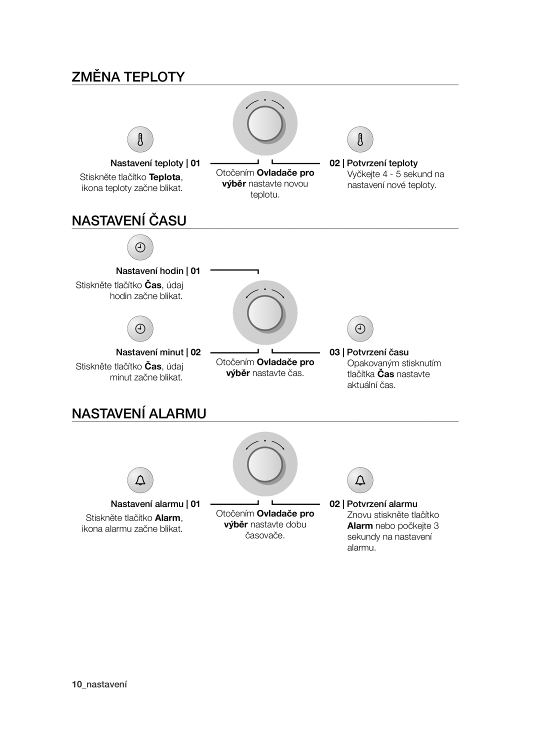 Samsung PKG003/XEH manual Změna teploty, Nastavení času, Nastavení alarmu 