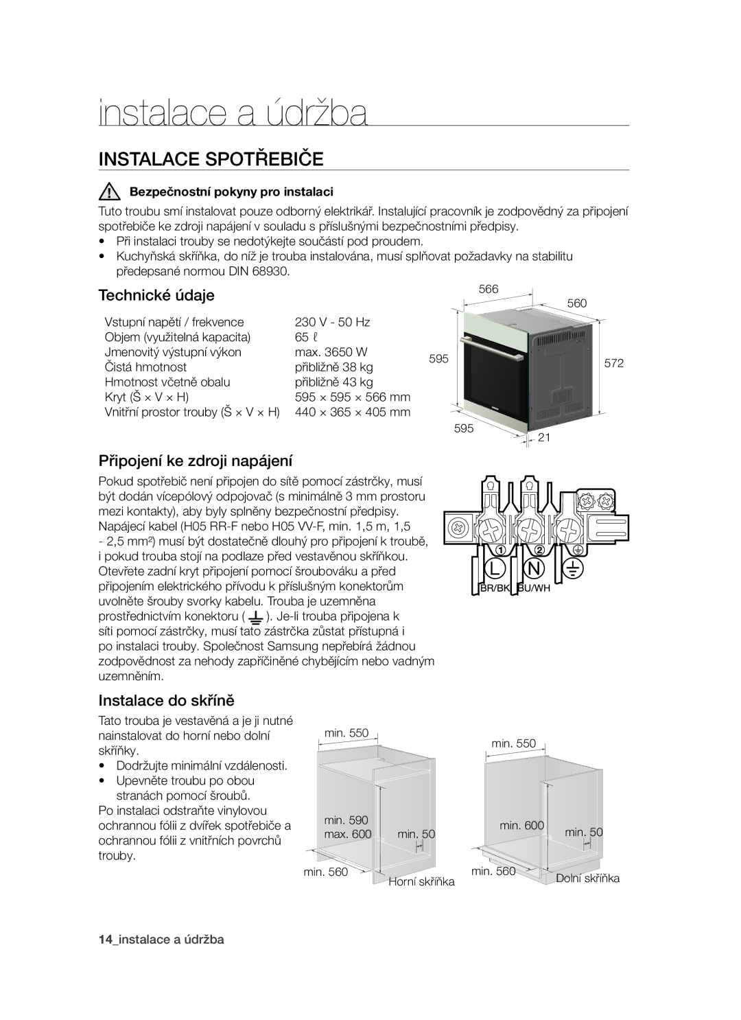 Samsung PKG003/XEH manual Instalace a údržba, Instalace spotřebiče, Technické údaje, Připojení ke zdroji napájení 