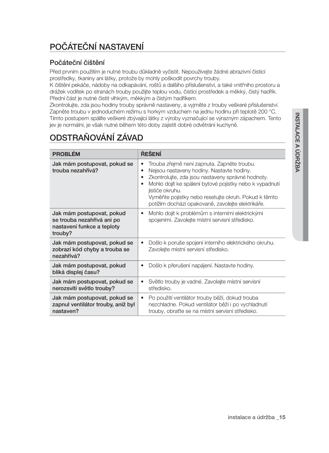 Samsung PKG003/XEH manual Počáteční nastavení, Odstraňování závad, Počáteční čištění, Problém Řešení 