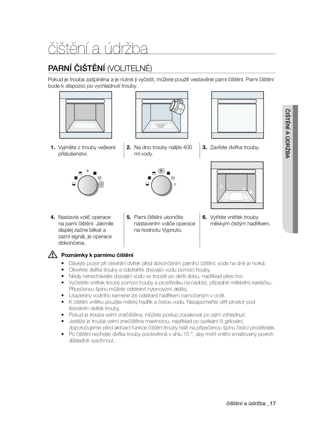 Samsung PKG003/XEH manual Čištění a údržba, Parní čištění volitelné, Poznámky k parnímu čištění 