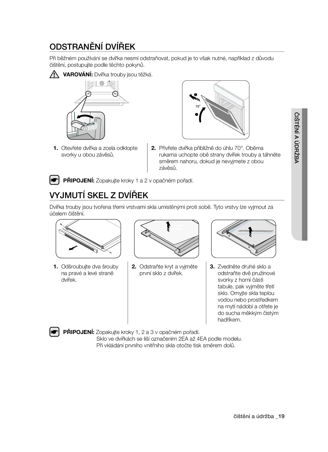 Samsung PKG003/XEH manual Odstranění dvířek, Vyjmutí skel z dvířek 