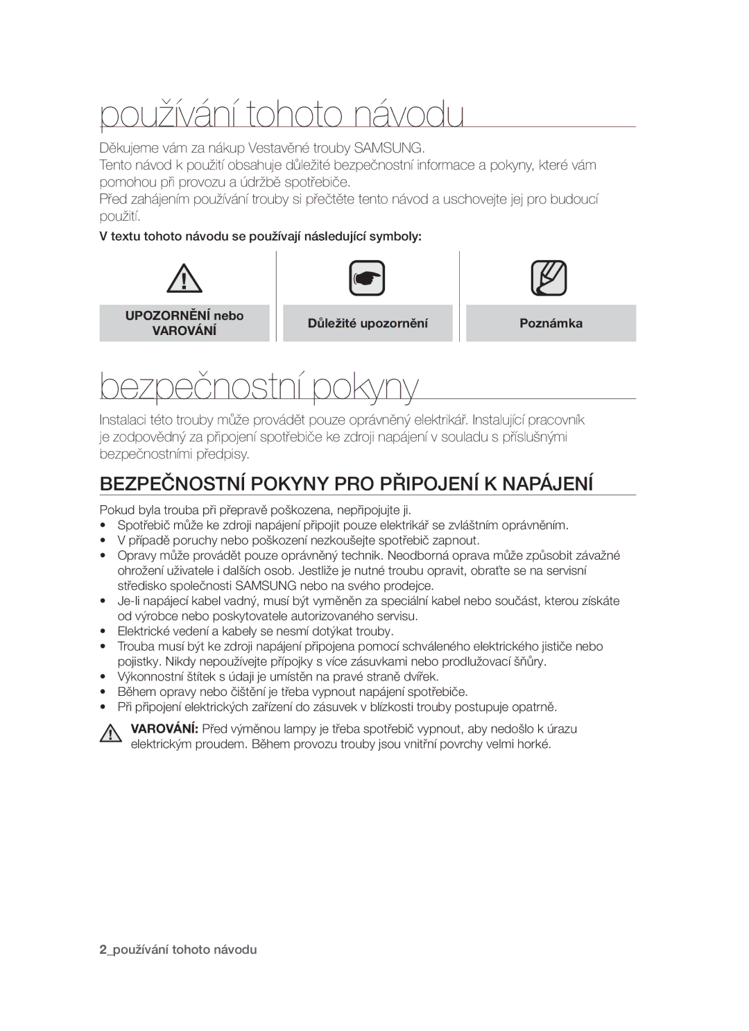 Samsung PKG003/XEH manual Používání tohoto návodu, Bezpečnostní pokyny pro připojení k napájení, Varování 