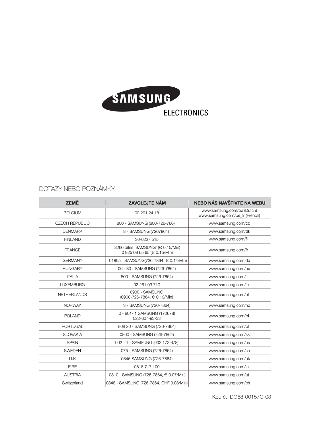 Samsung PKG003/XEH manual Kód č. DG68-00157C-03 