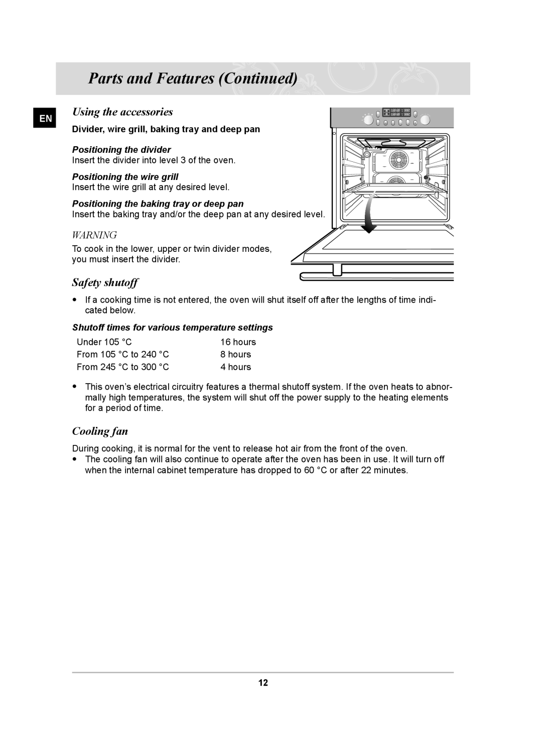 Samsung PKG004/XEH manual Using the accessories, Safety shutoff, Cooling fan 