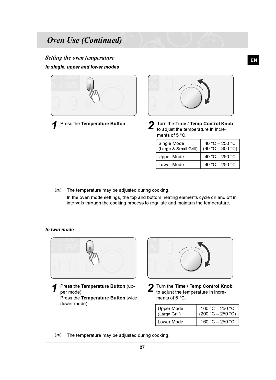 Samsung PKG004/XEH manual Setting the oven temperature, Single, upper and lower modes, Press the Temperature Button twice 