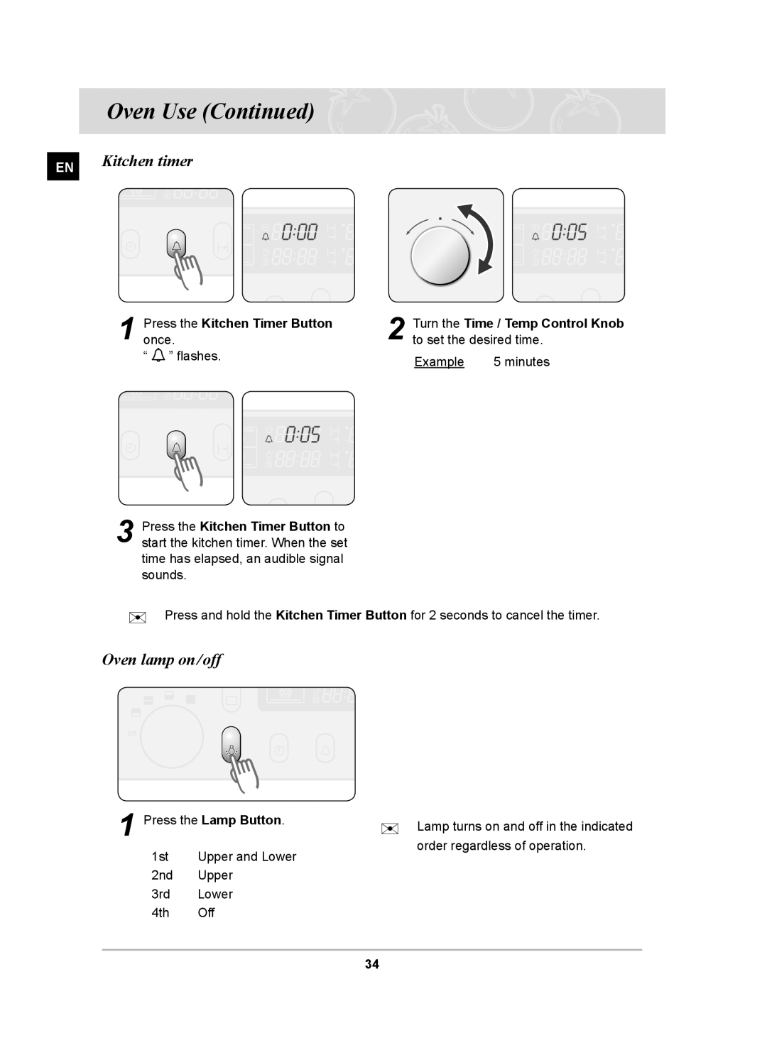 Samsung PKG004/XEH manual Kitchen timer, Oven lamp on/off, Pressonce. the Kitchen Timer Button 