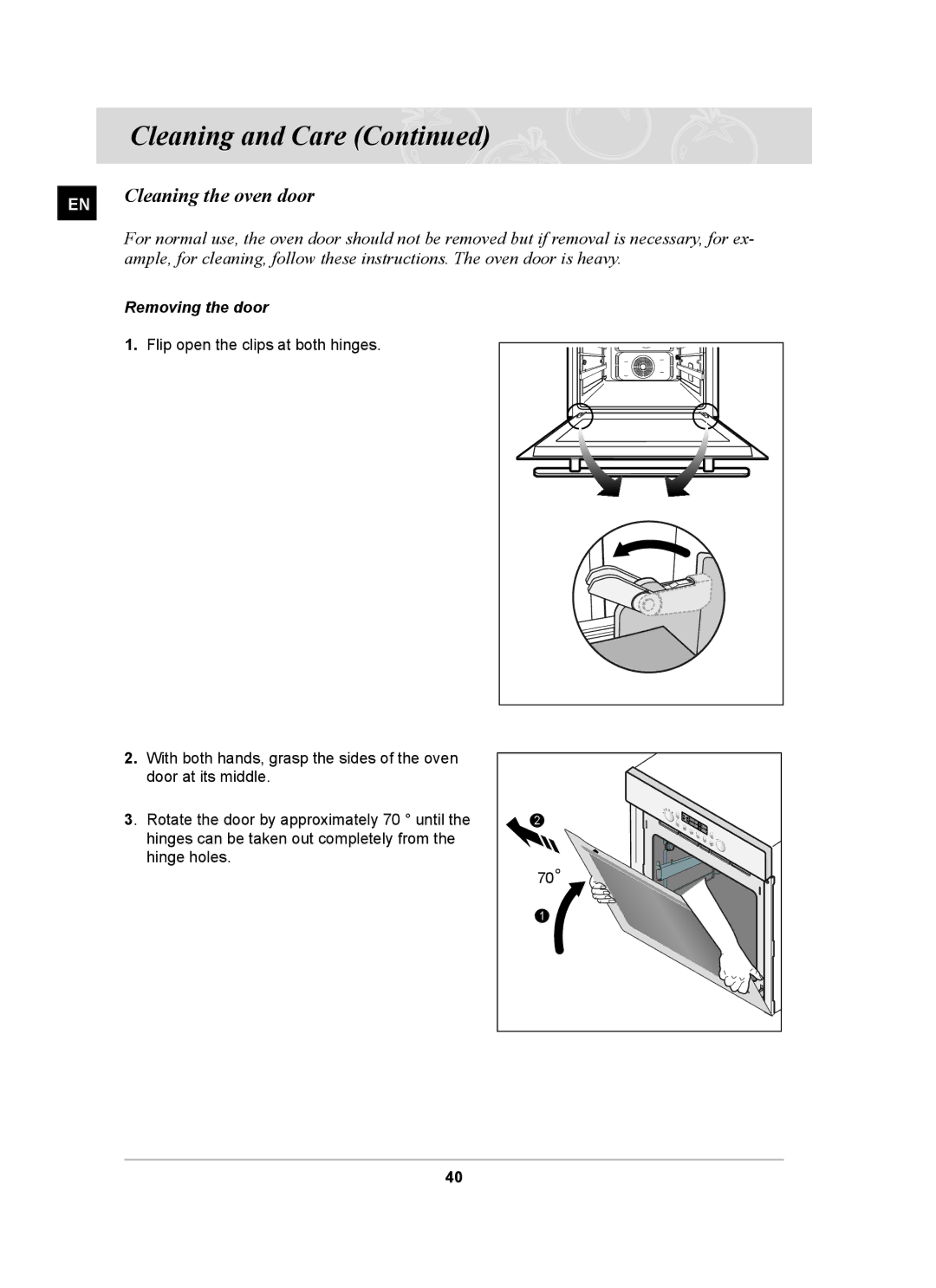 Samsung PKG004/XEH manual Cleaning the oven door, Removing the door 