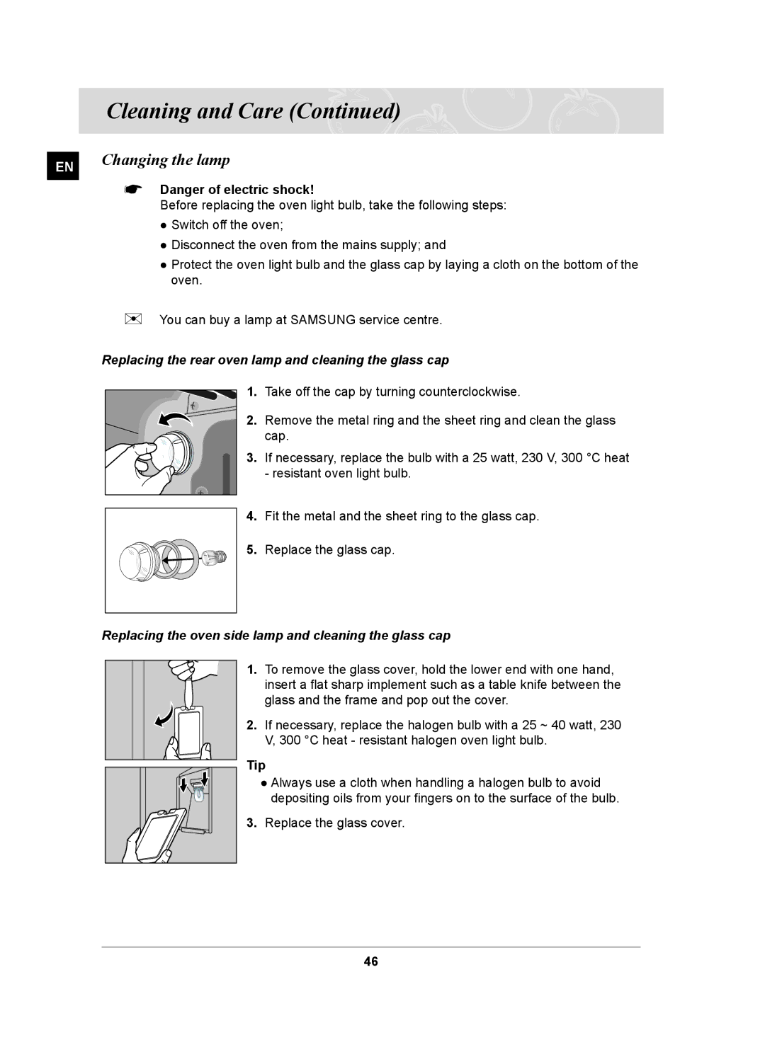 Samsung PKG004/XEH manual Changing the lamp, Replacing the rear oven lamp and cleaning the glass cap, Tip 