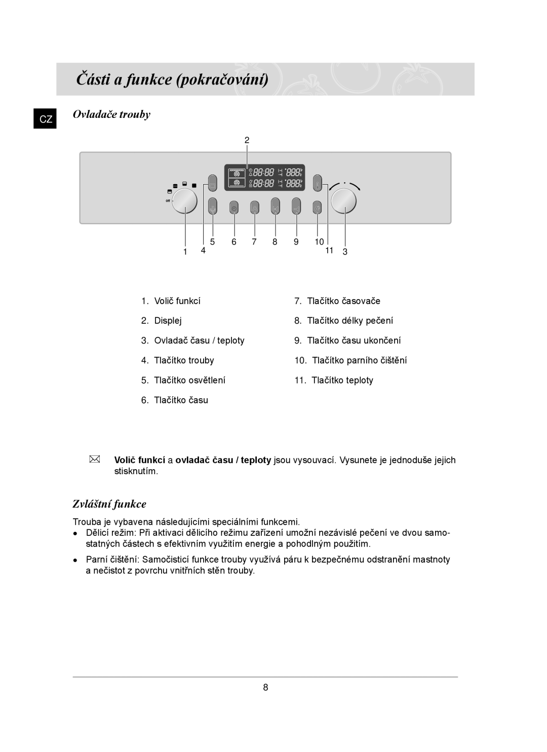 Samsung PKG004/XEH manual Části a funkce pokračování, Zvláštní funkce 