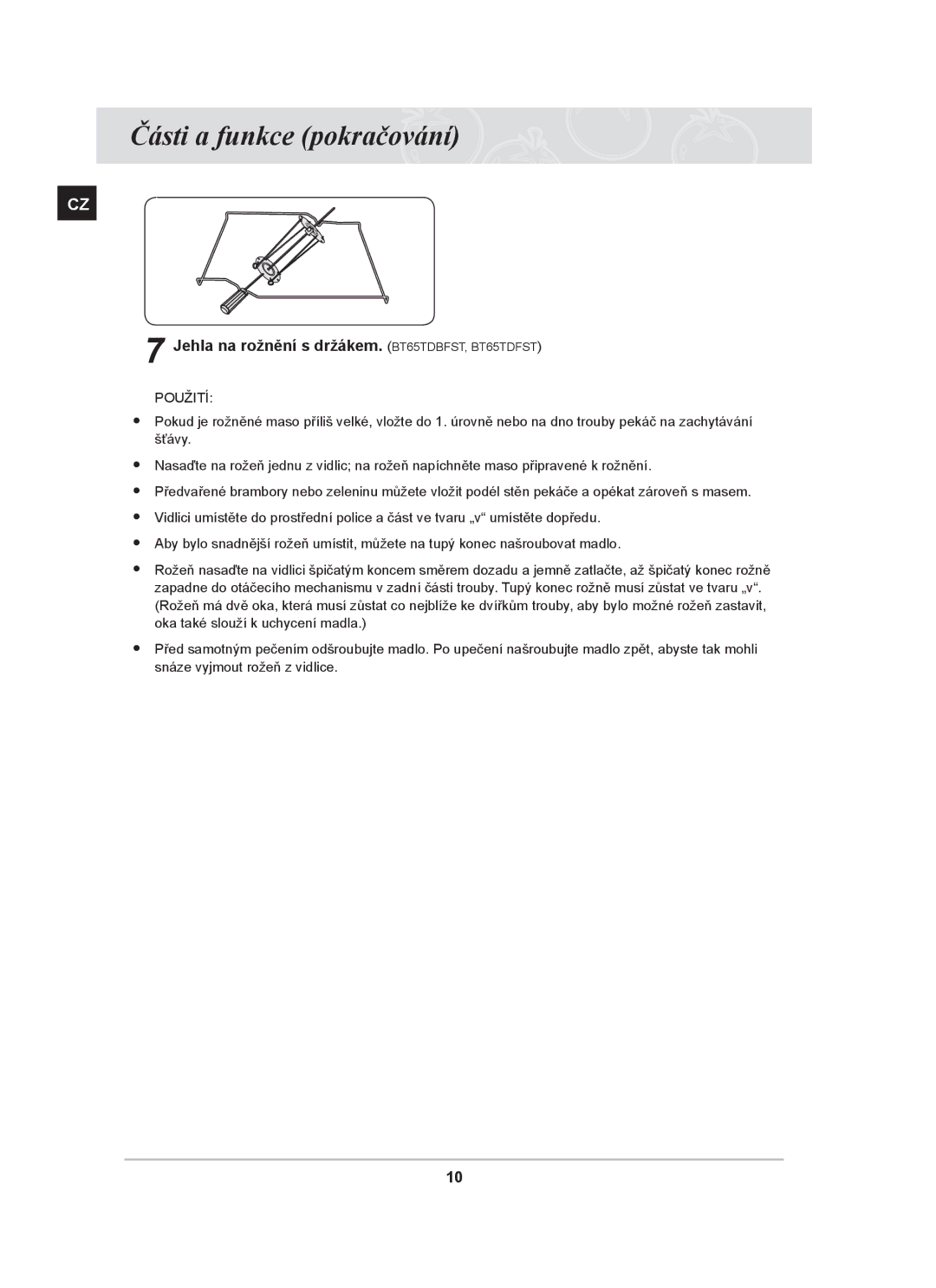 Samsung PKG004/XEH manual Jehla na rožnění s držákem. BT65TDBFST, BT65TDFST, Použití 