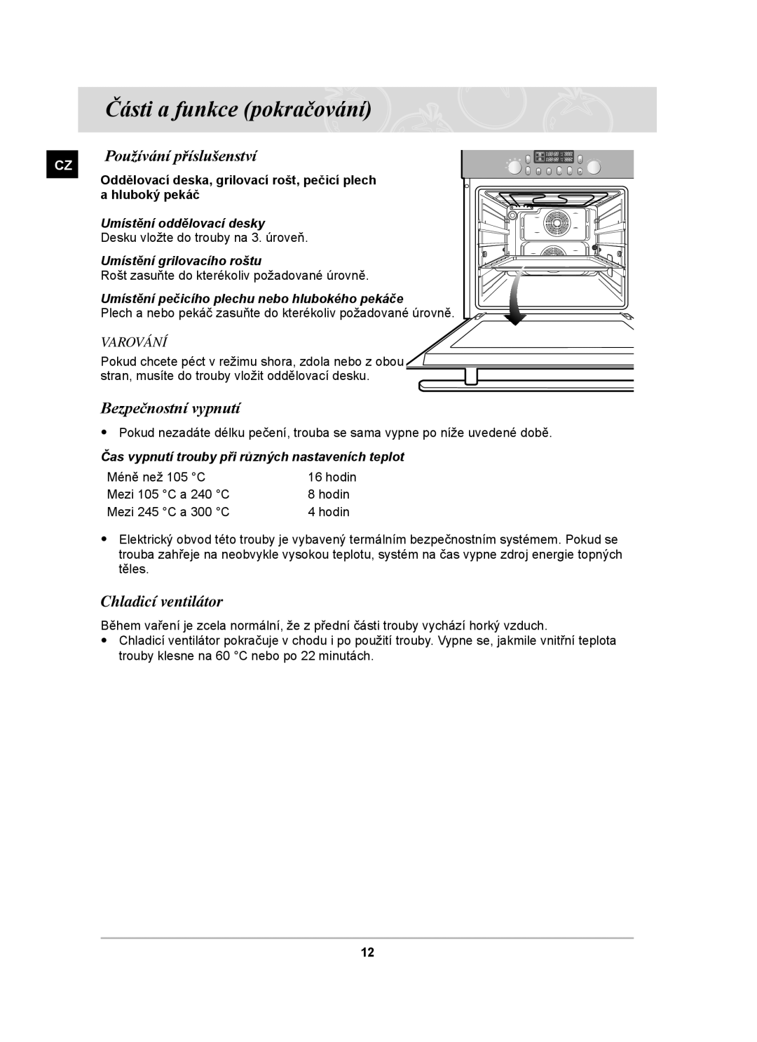 Samsung PKG004/XEH manual Používání příslušenství, Bezpečnostní vypnutí, Chladicí ventilátor 