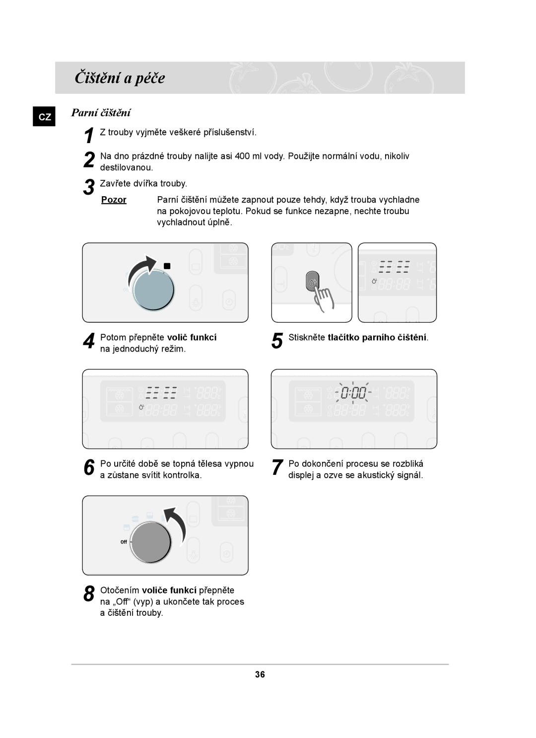 Samsung PKG004/XEH manual Čištění a péče, Parní čištění, Pozor 