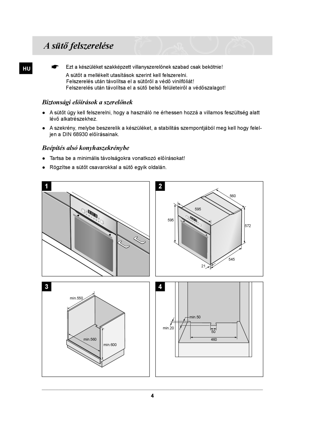 Samsung PKG004/XEH manual Sütő felszerelése, Biztonsági előírások a szerelőnek, Beépítés alsó konyhaszekrénybe 