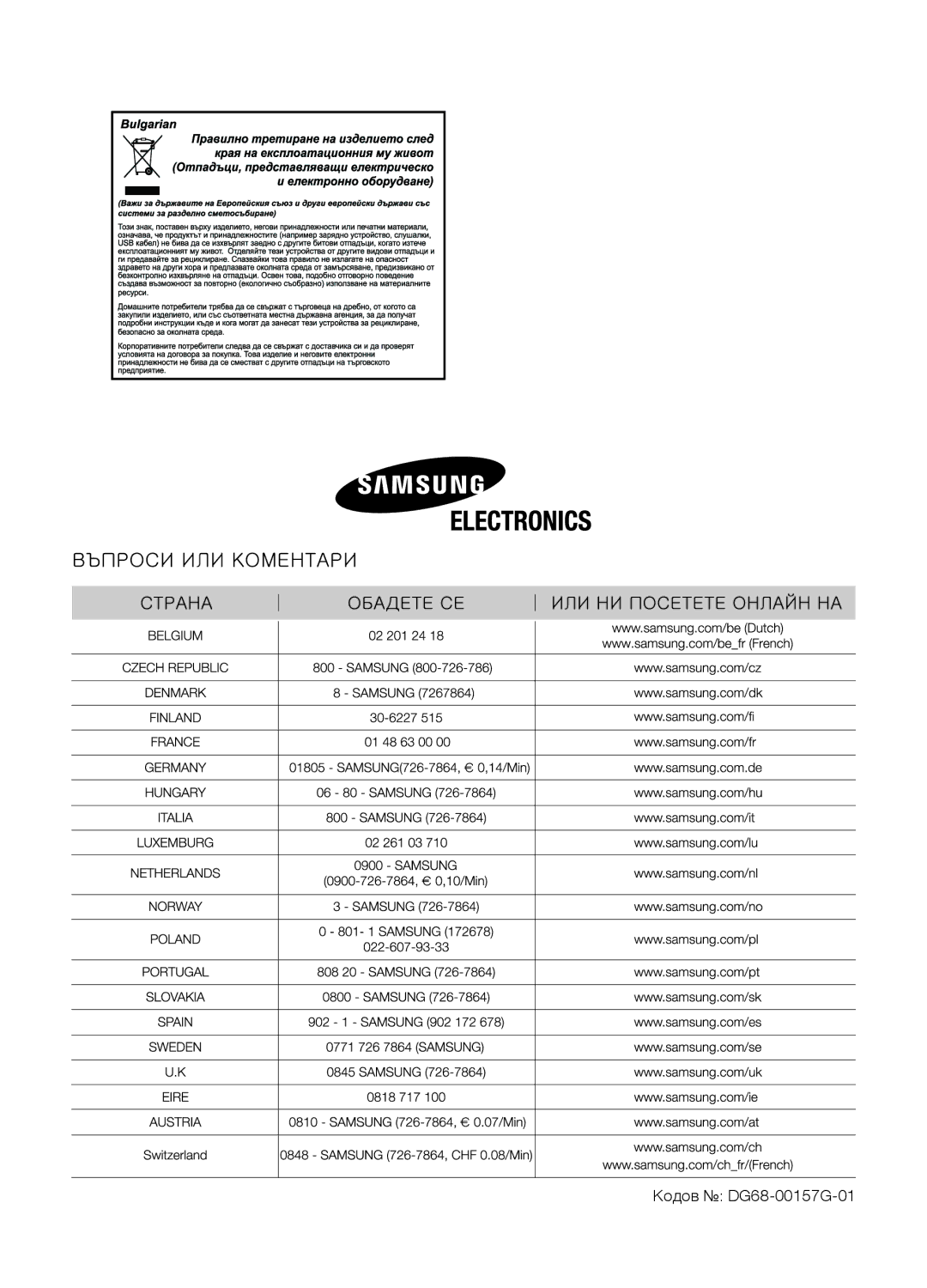 Samsung BF641FGBP2/BOL, PKG009/BOL, PKG008/BOL, BF641FSTP/BOL, BF641FSTP2/BOL, BF641FSTP/BWT manual Кодов DG68-00157G-01 